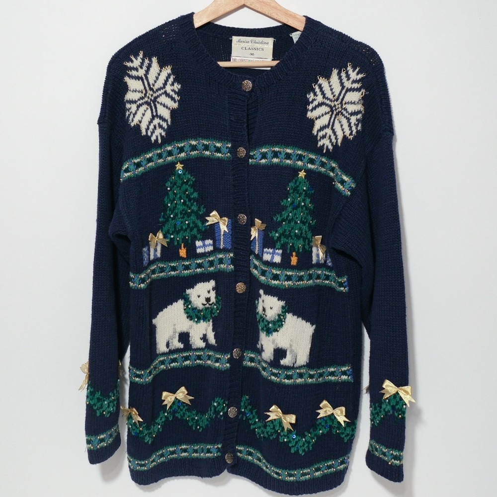 Vintage 1995  Marisa Christina Polar Bear Christmas Sweater Medium Blue Cardigan